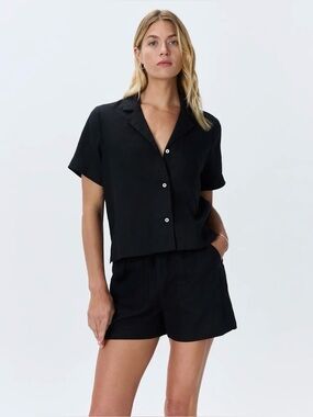 Quince 100% European Linen Short Sleeve Shirt Small Black Boxy